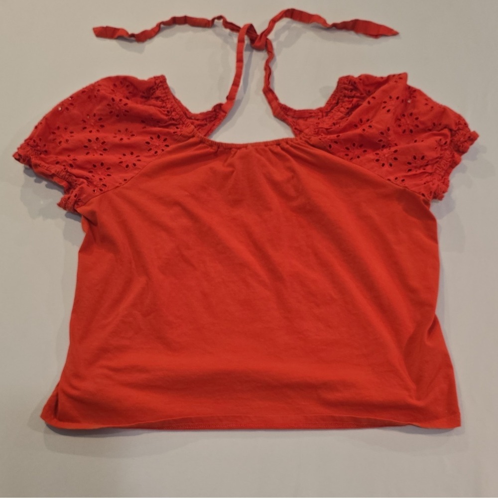 J.CREW Women's L Orange Solid Cotton Knit Eyelet Cap Sleeve Tie Neck Top
